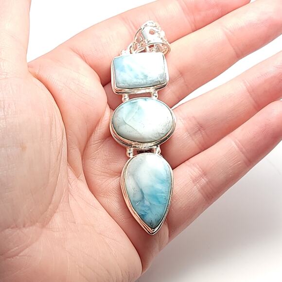 Triple Harmony Larimar Silver Pendant (2.5") with 18" Necklace - Picture 5 of 12